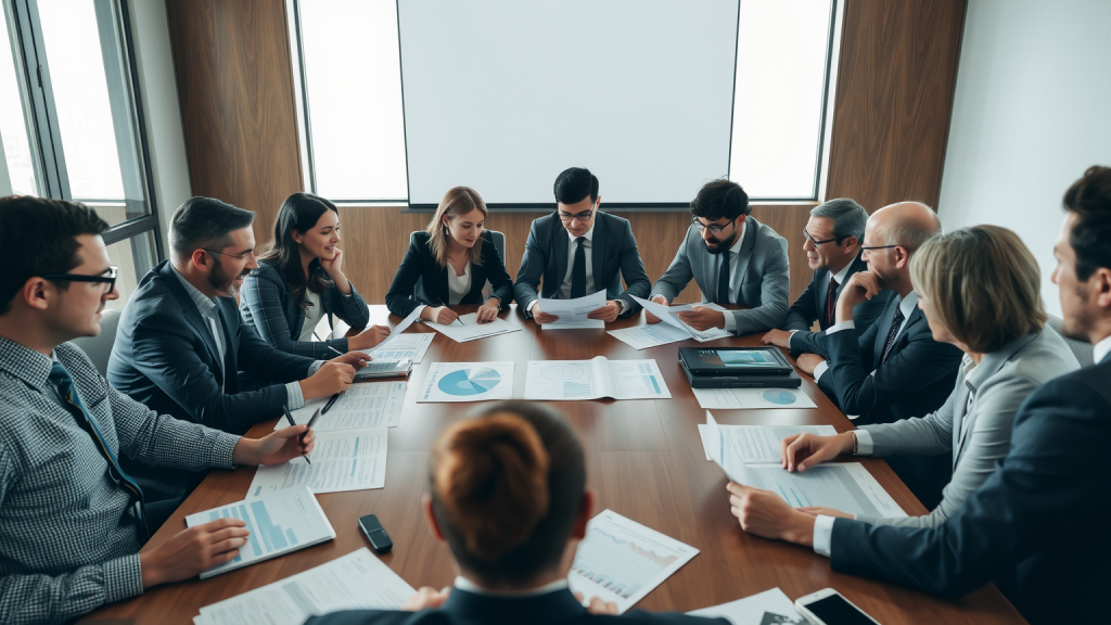 Investoren diskutieren Finanzberichte in Konferenzraum