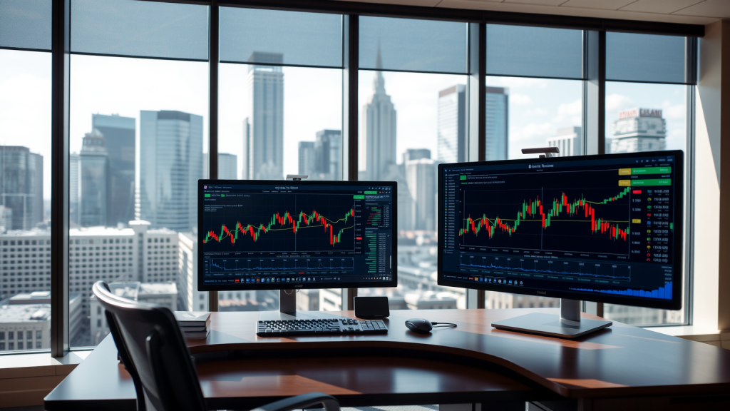 Büro mit Stadtblick, Schreibtisch und Börsengraphen