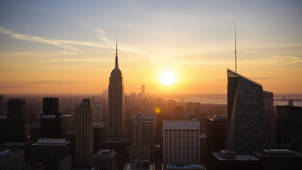 Sonnenuntergang über Finanzviertel mit Wolkenkratzern