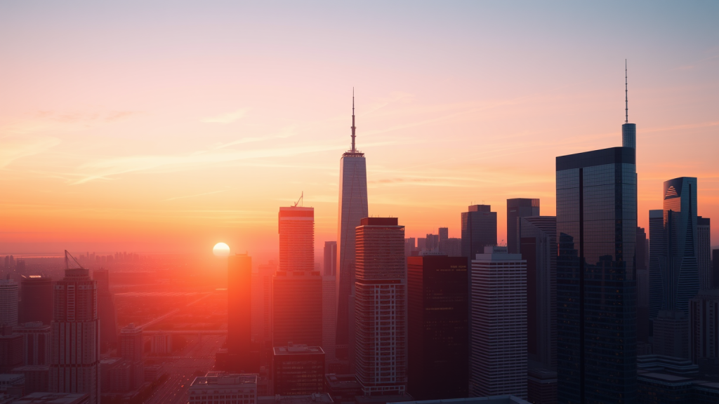 Stadt-Skyline bei Sonnenaufgang, abstrakte Hochhäuser als Finanzgraphen.