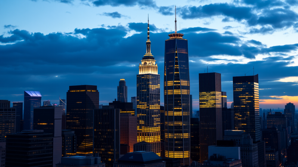 Eine Finanzdistrikt-Skyline bei Dämmerung mit beleuchteten Wolkenkratzern.