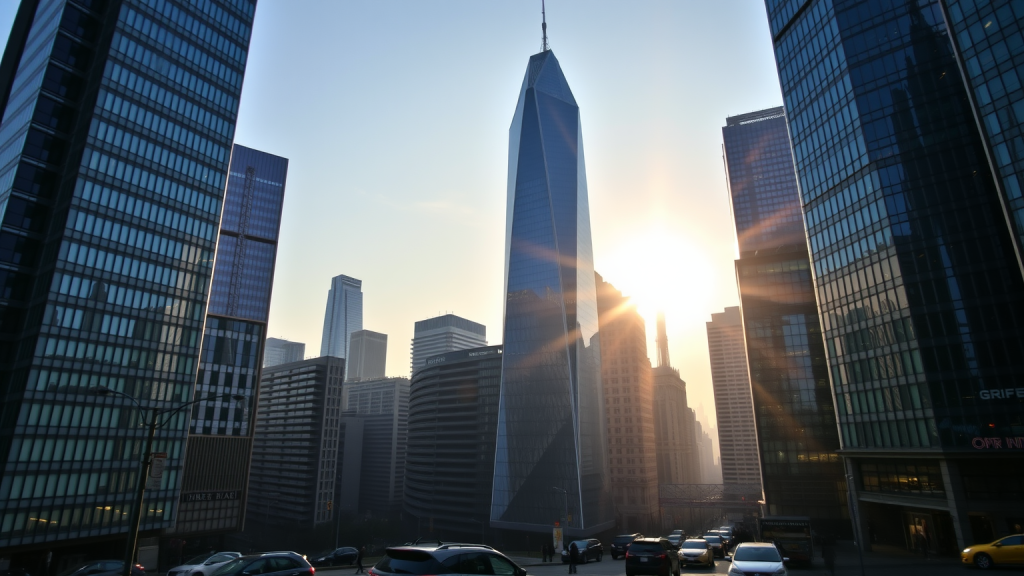 Morgenblick auf das Finanzviertel mit gläsernen Wolkenkratzern