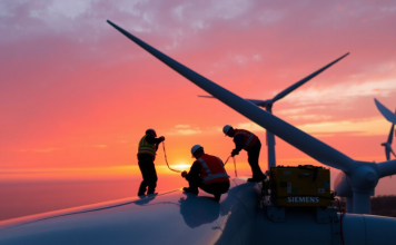 Installation von Siemens-Windturbinen bei Sonnenuntergang