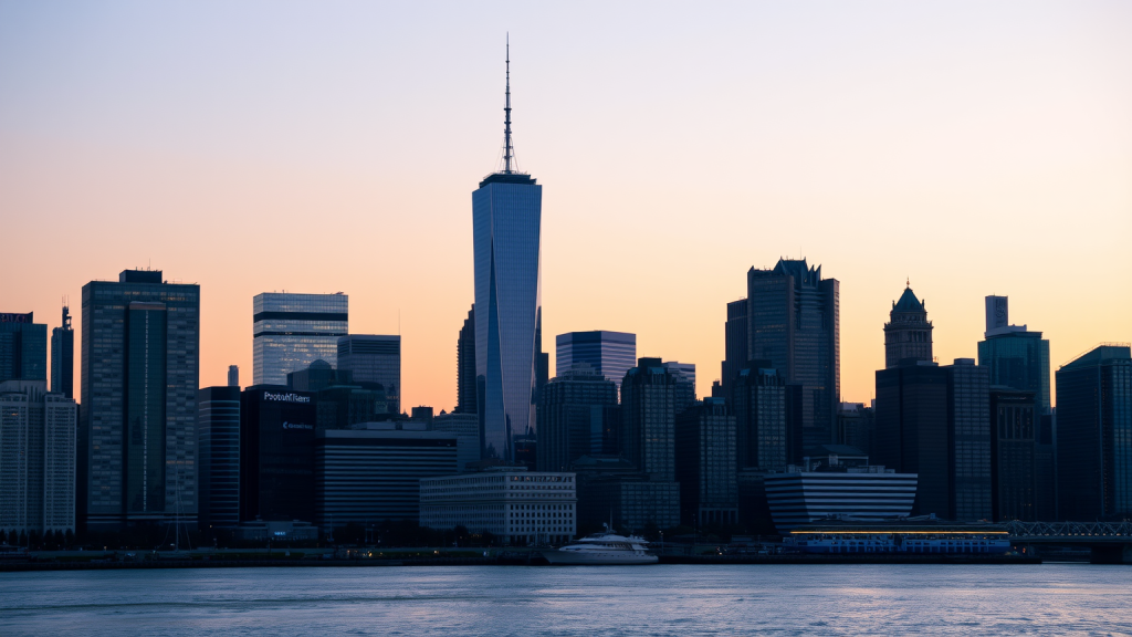 Finanzdistrikt-Skyline bei Sonnenuntergang.