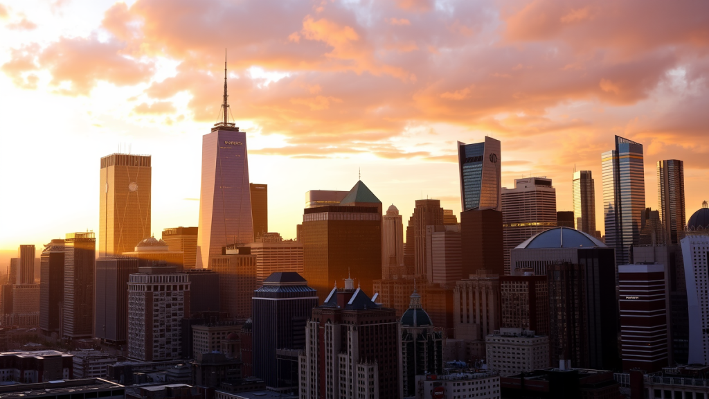 Beleuchtete Skyline eines Finanzviertels bei Sonnenuntergang.