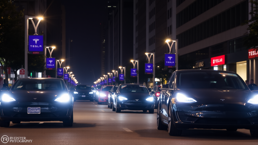 Tesla-Autos auf belebter Stadtstraße bei Nacht