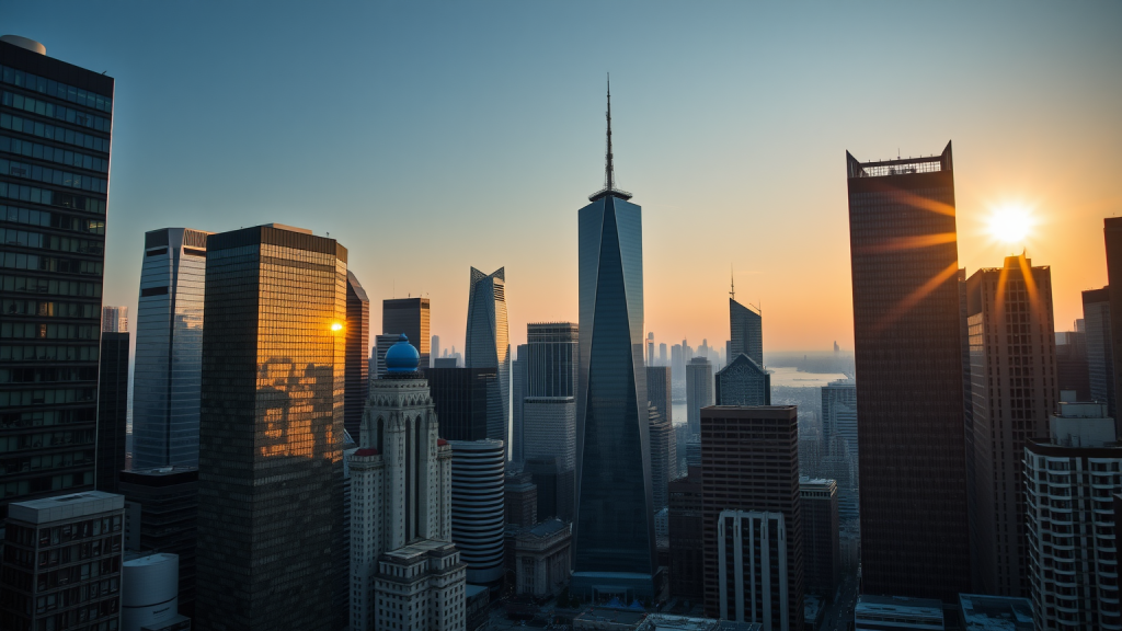 Stadtansicht bei Sonnenuntergang mit Wolkenkratzern