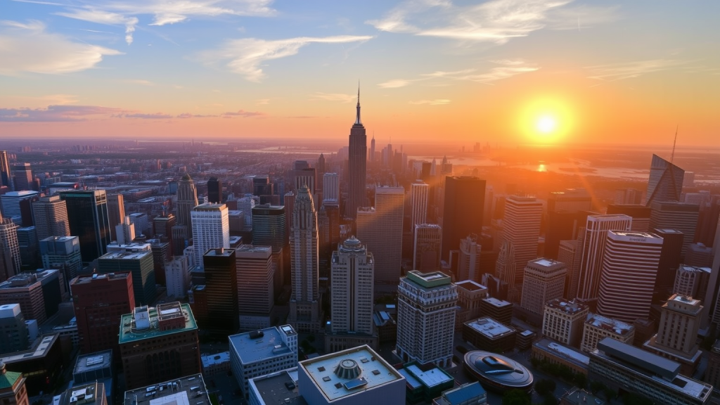 Sonnenaufgang über einer geschäftigen Stadt, neuer Handelstag