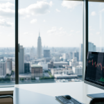 Büro mit Blick auf Stadt und Marktdiagramm