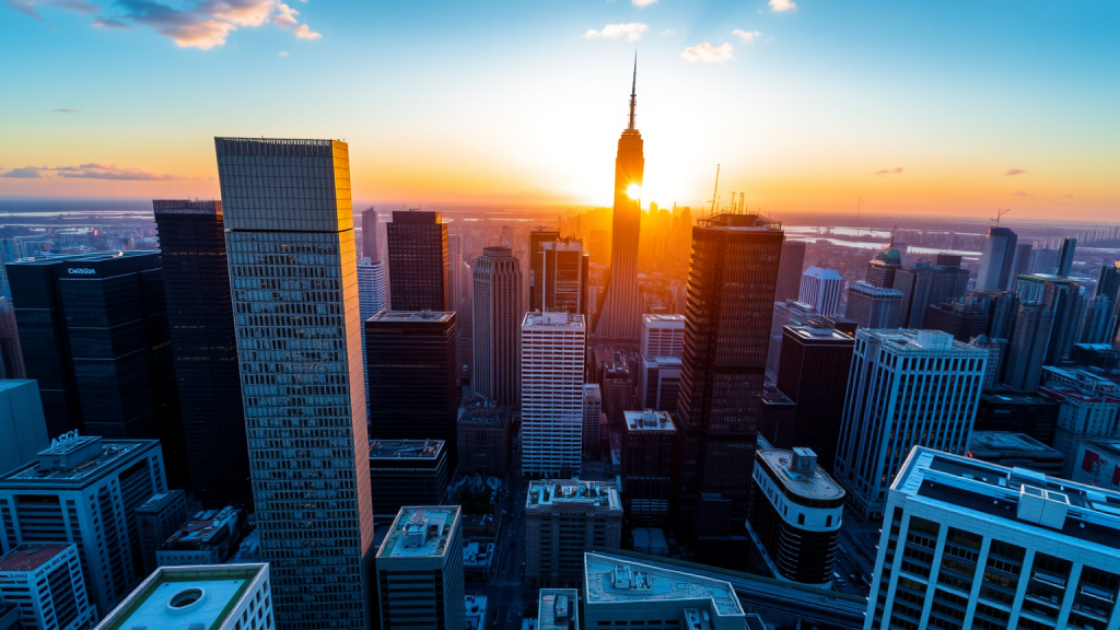 Luftaufnahme eines Finanzviertels bei Sonnenaufgang mit goldenen Wolkenkratzern.