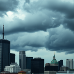 Finanzdistrikt mit dunklen Wolken am Himmel