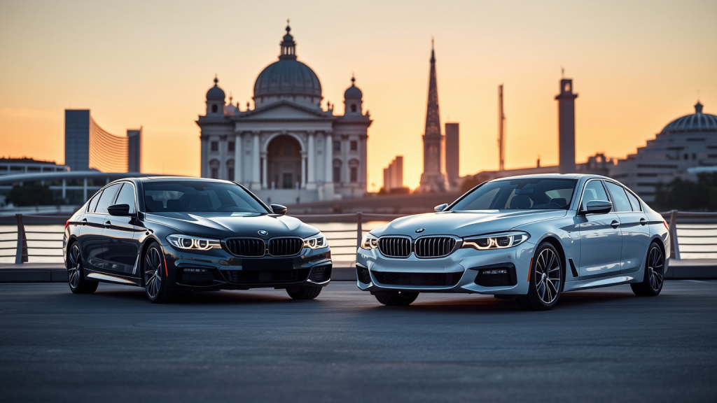 BMW Luxuslimousine vor berühmten Wahrzeichen bei Sonnenuntergang.