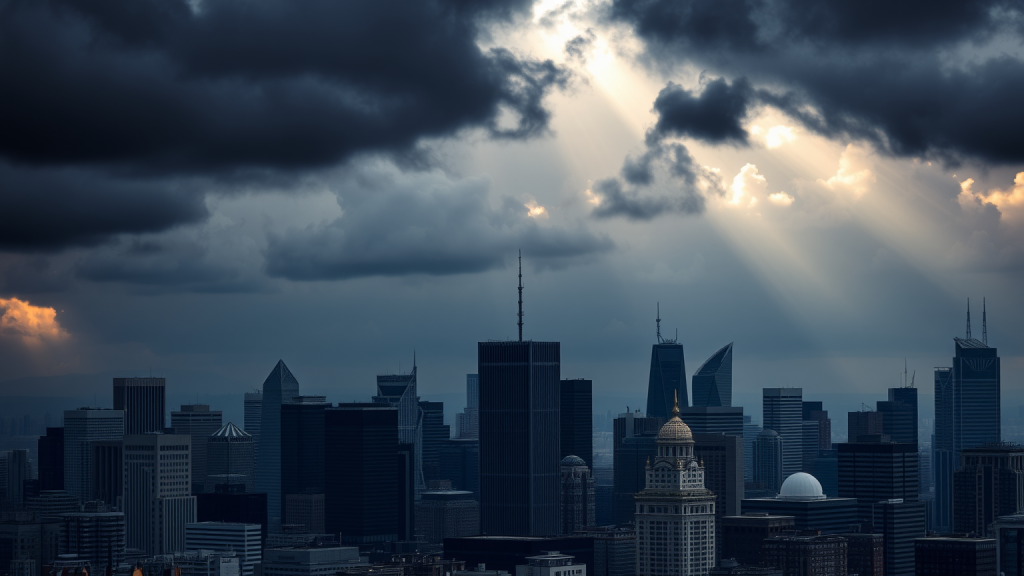 Finanzviertel unter dunklen Wolken