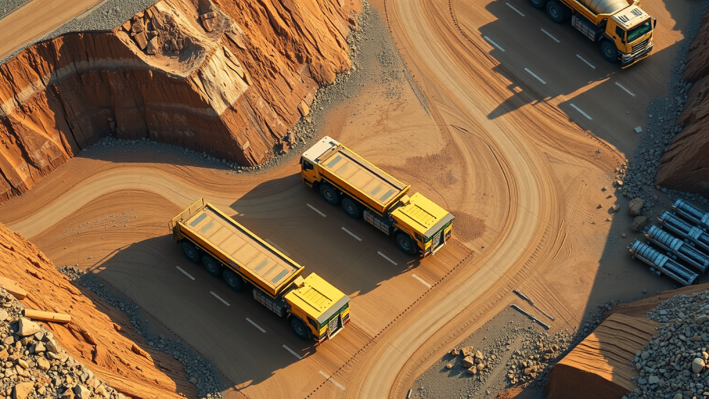 Luftaufnahme von Trucks in einer Barrick-Gold-Mine