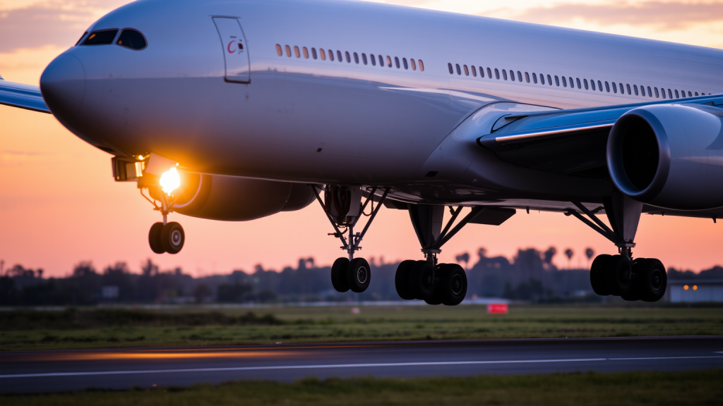 Boeing 777 Landung bei Dämmerung