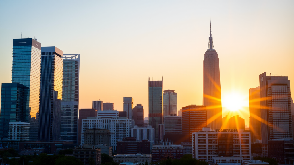 Stadtpanorama bei Morgendämmerung mit Börsengebäuden