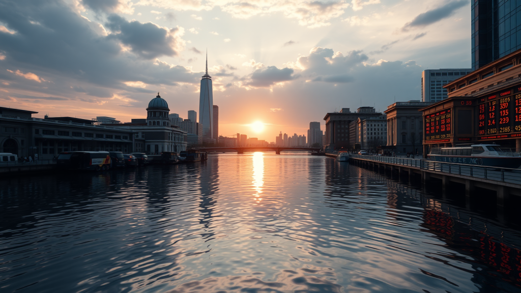 Sonnenaufgang im Finanzdistrikt mit Börsenindikatoren gespiegelt im Wasser