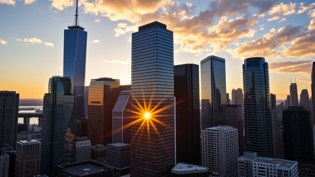 Finanzviertel bei Sonnenuntergang.