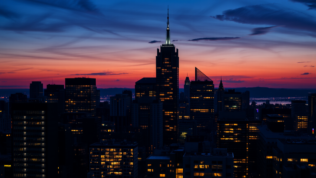 Finanzviertel-Skyline bei Dämmerung mit beleuchteten Fenstern.