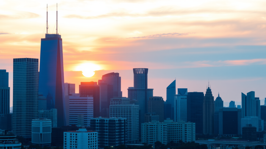 Finanzviertelskyline im Sonnenaufgang