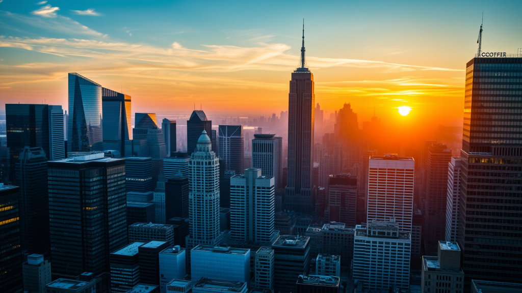 Stadt bei Sonnenaufgang, symbolisiert Marktaktivität