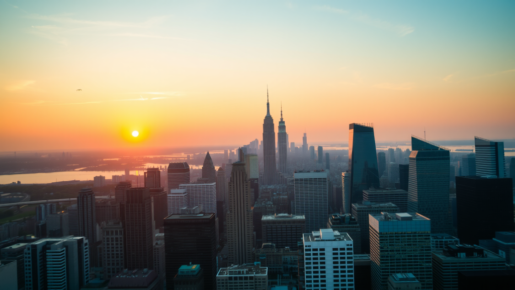 Skyline des Finanzviertels bei Sonnenaufgang