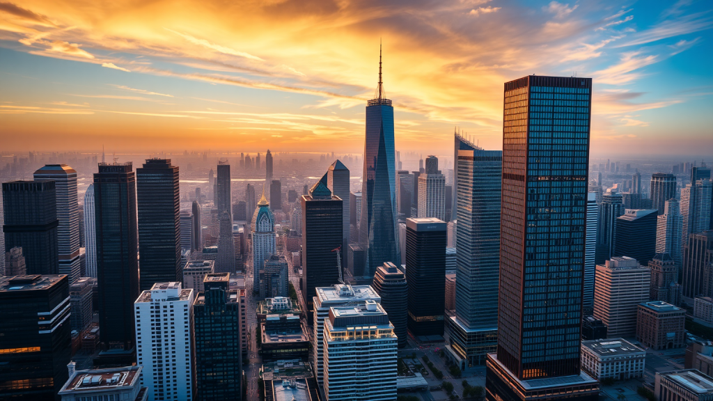 Panoramablick auf Finanzviertel bei Sonnenuntergang