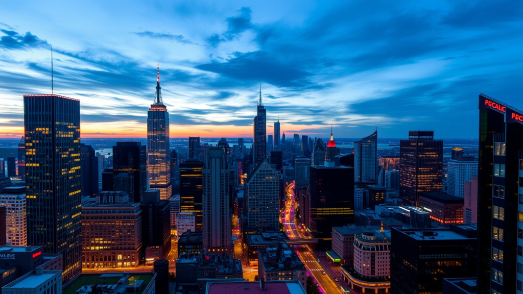 Städtische Skyline bei Dämmerung mit Börsenticker