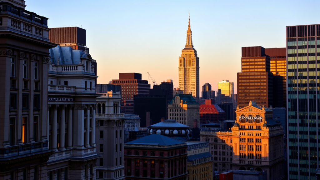 Finanzdistrikt Skyline bei Sonnenuntergang