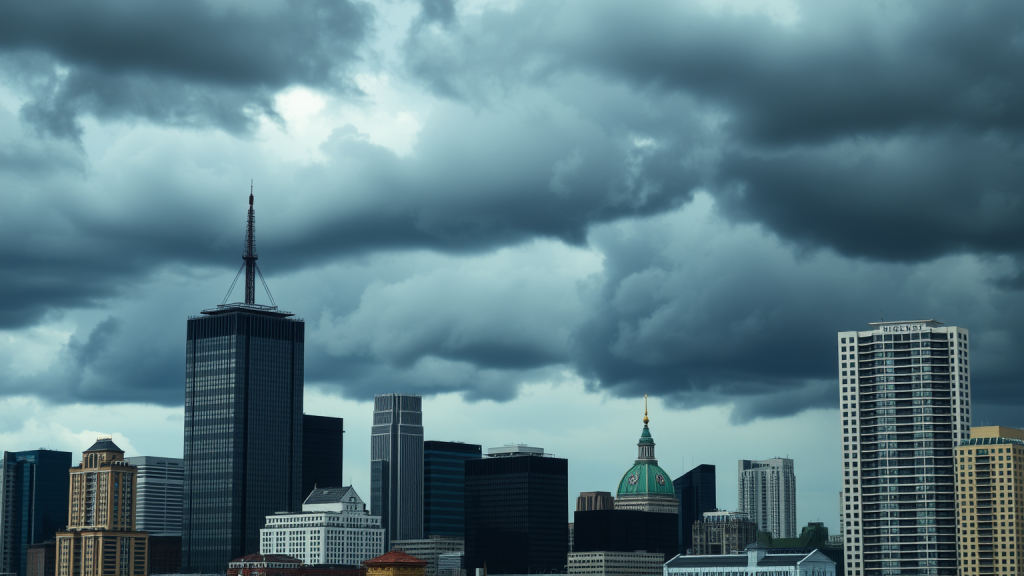 Finanzdistrikt mit dunklen Wolken am Himmel