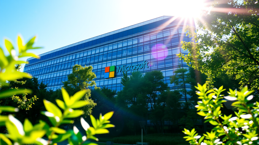 Ein lebendiges Bild des Microsoft-Hauptgebäudes, umgeben von üppigem Grün und in hellem Sonnenlicht getaucht