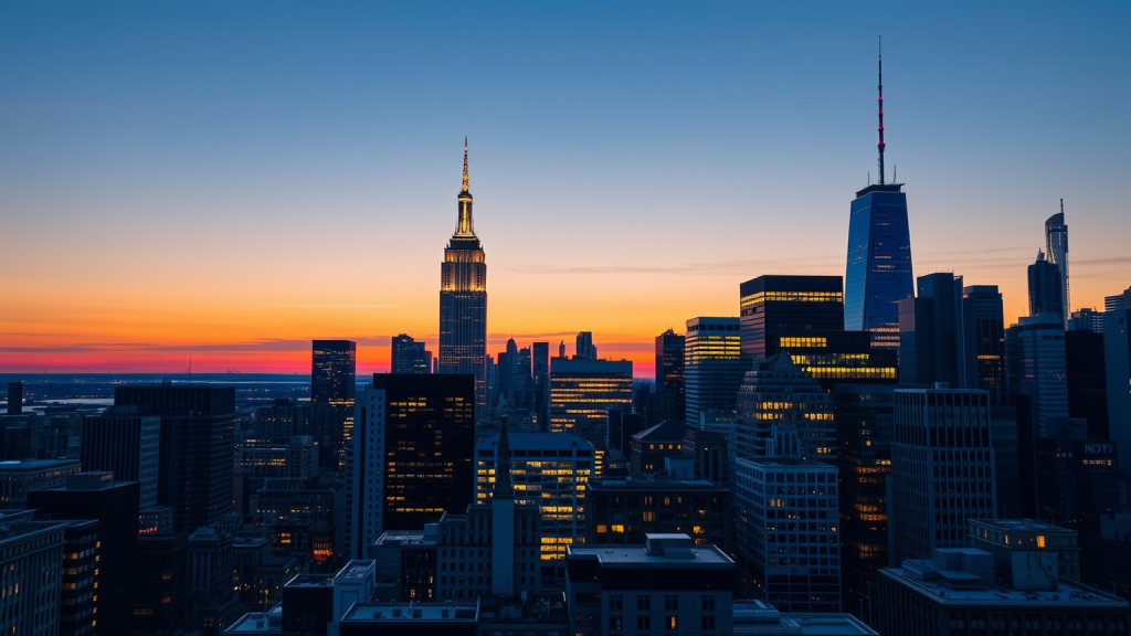 Stadtbild bei Sonnenaufgang mit Highlight des Finanzviertels.