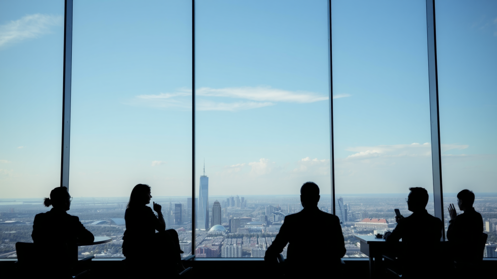 Silhouetten von Geschäftsleuten im Besprechungsraum mit Stadtblick