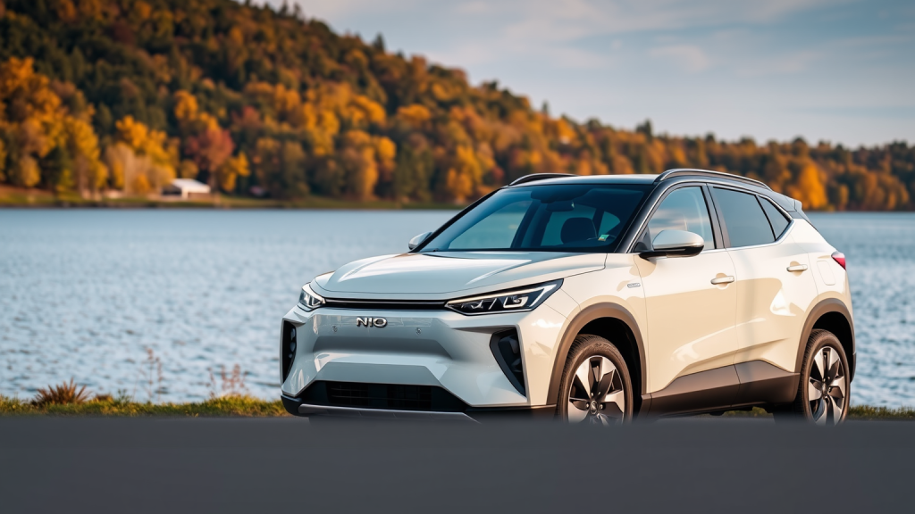 Nio SUV am See im Herbst