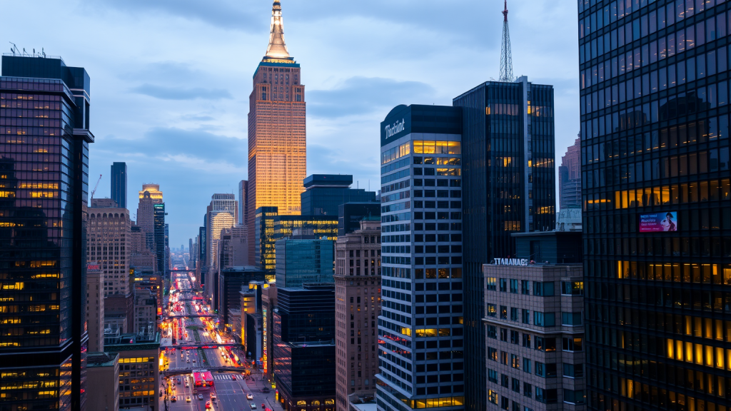 Skyline eines Finanzviertels bei Dämmerung