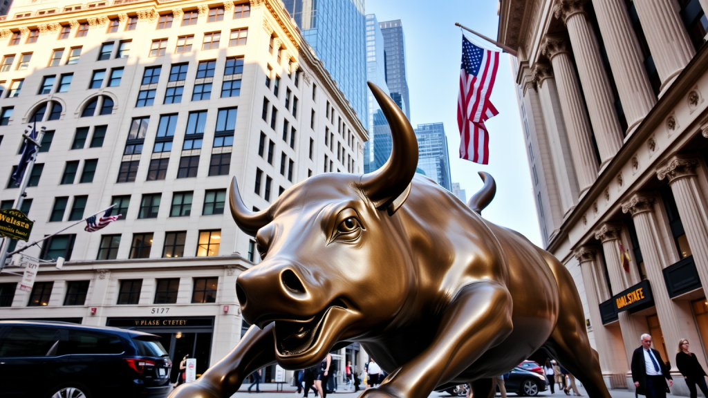 Wall Street am frühen Morgen mit der ikonischen Stierstatue