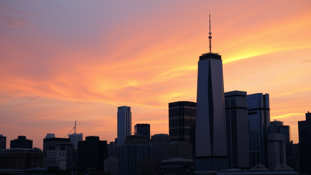 Serene Finanzdistrikt Skyline bei Sonnenuntergang