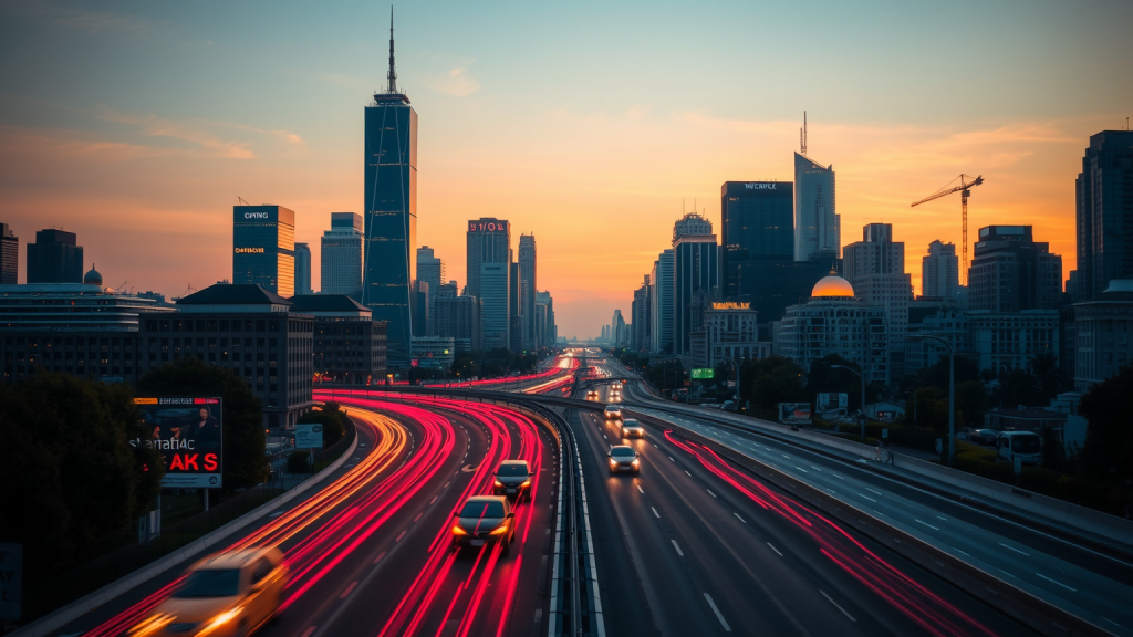 Stadt-Skyline bei Sonnenuntergang