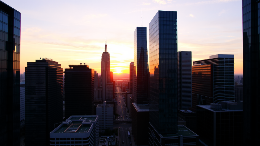 Finanzviertel bei Sonnenuntergang mit modernen Gebäuden