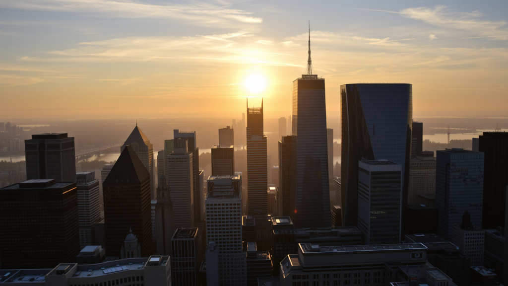 Sonnenaufgang über moderner Finanzdistrikt-Skyline