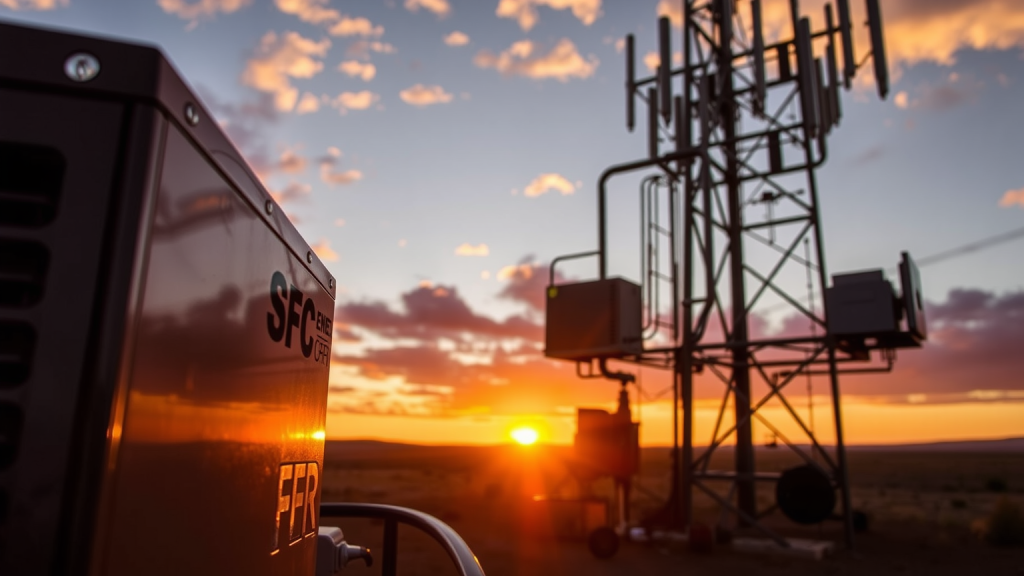 Brennstoffzellengenerator von SFC Energy an einem Sendemast bei Sonnenuntergang