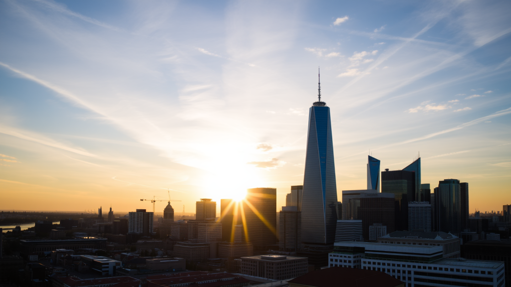 Sonnenaufgang über Deutsche Pfandbriefbank-Büroturm