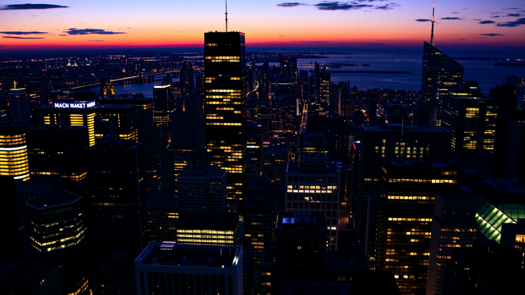 Finanzviertelskyline bei Dämmerung