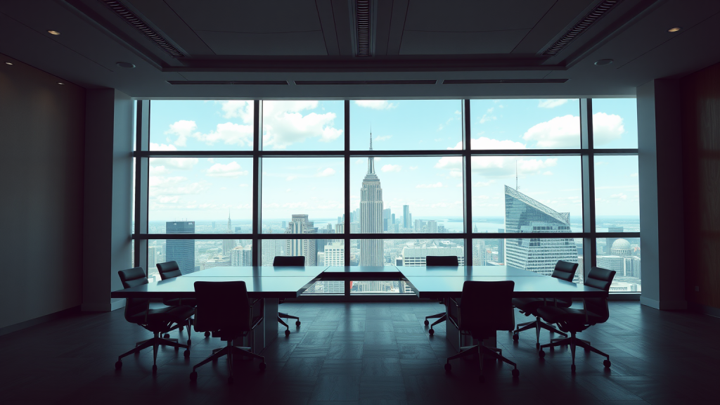 Leerer Konferenzraum mit Blick auf Finanzzentrum