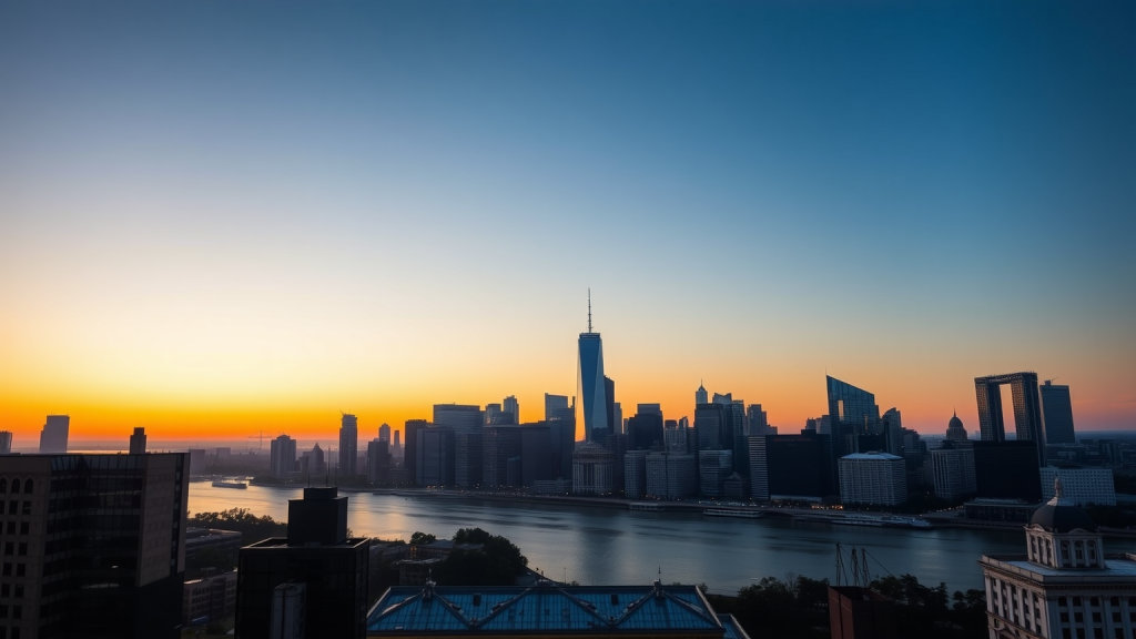 Stadtansicht bei Sonnenaufgang mit Börsenticker