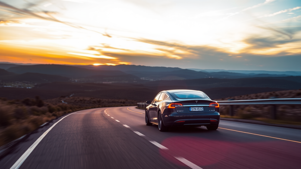 Tesla Model S bei Sonnenuntergang